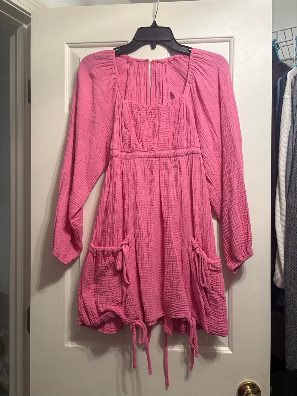 Pink Long-Sleeve Square-Neck Babydoll Dress